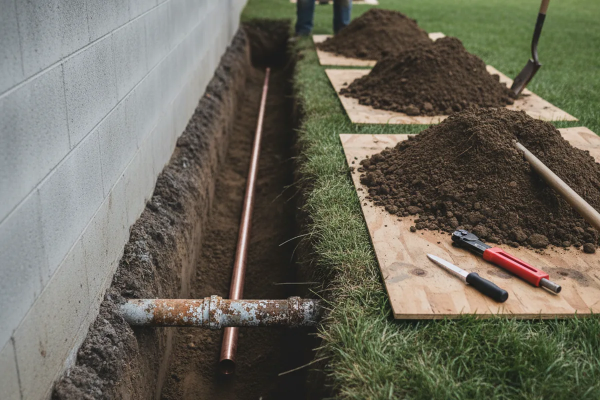 Excavated water line trench during Water Heater Repair in Daytona Beach